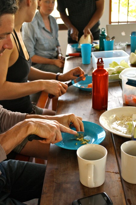 The fermentation line, chopping and pounding cabbage, carrots, chiles, and ginger, YUM!!!!!!